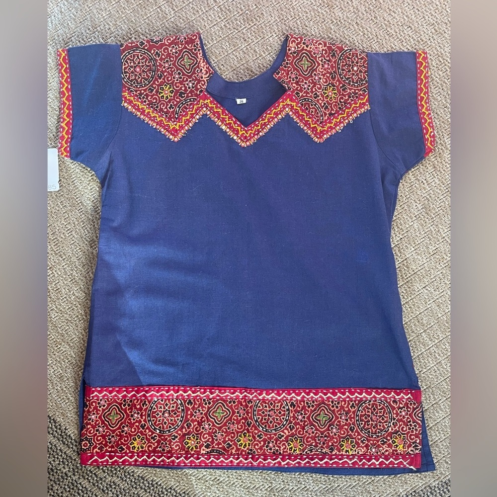 vintage artisanal kurti w/ mirror work embroidery short sleeve adult petite kid - Picture 6 of 7